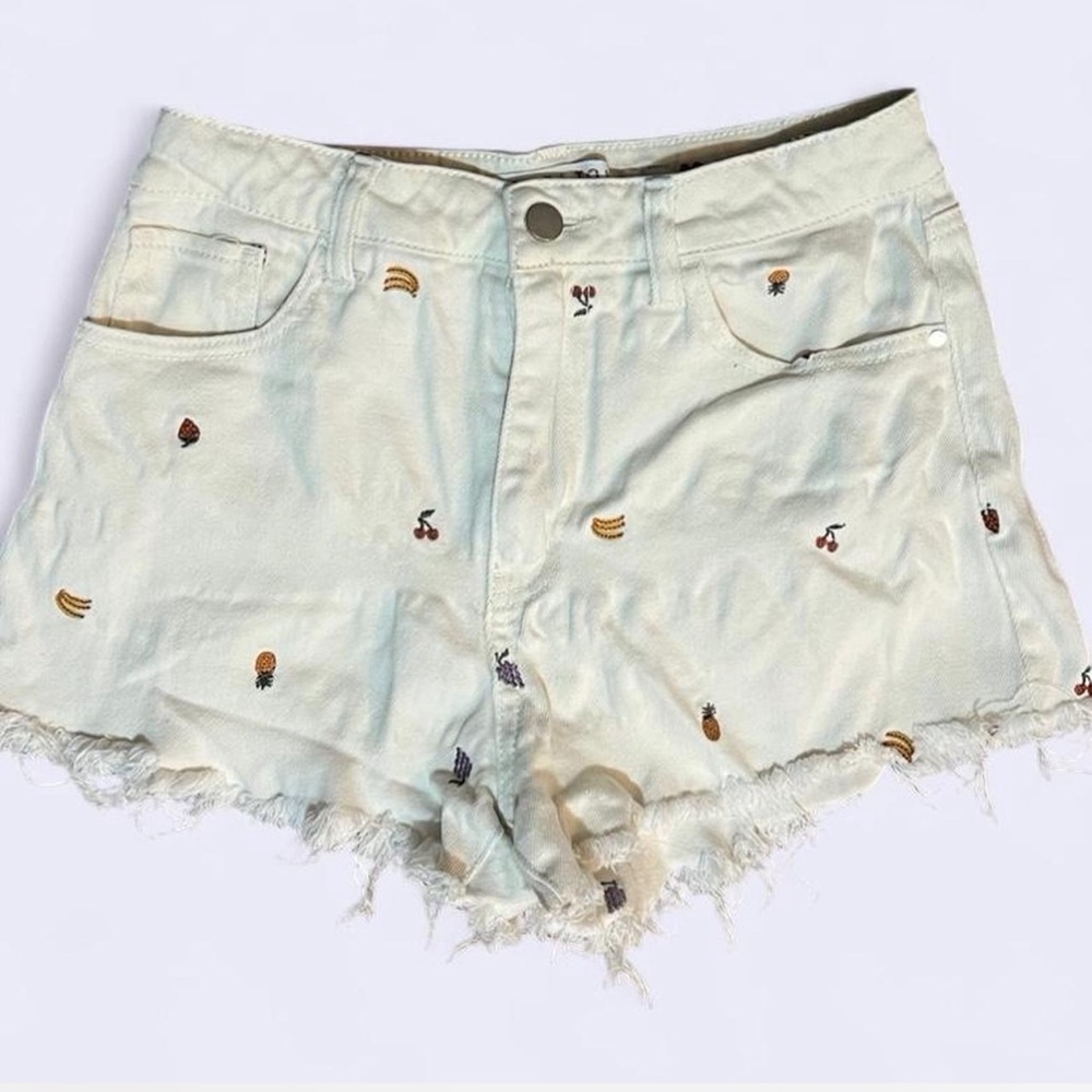 Tinseltown White Jean Shorts with Embroidered Fruits